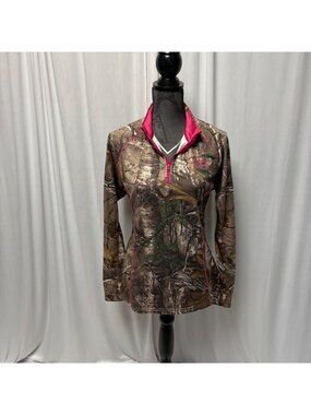 Realtree Camo Quarter Zip Pullover Womens Medium Pink Trim Long Sleeve